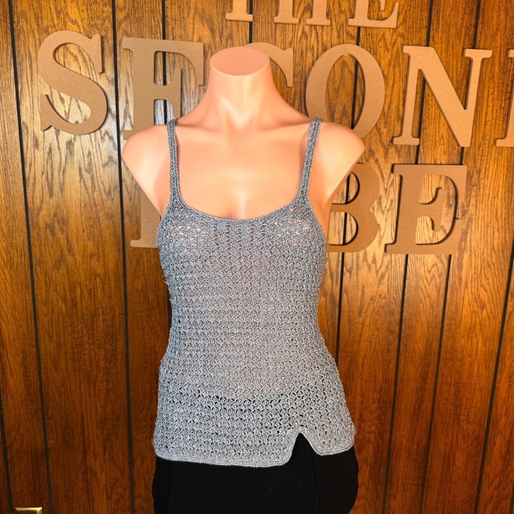 XXist Crochet Knit Tank Top Womens L Silver Grey Y2K Ethereal Fairy Indie Sleaze